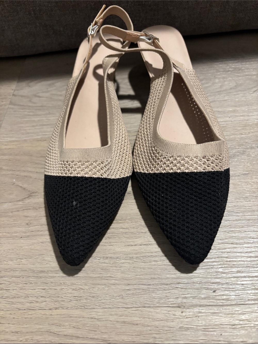 Beige and Black Pointed Slingback Flats